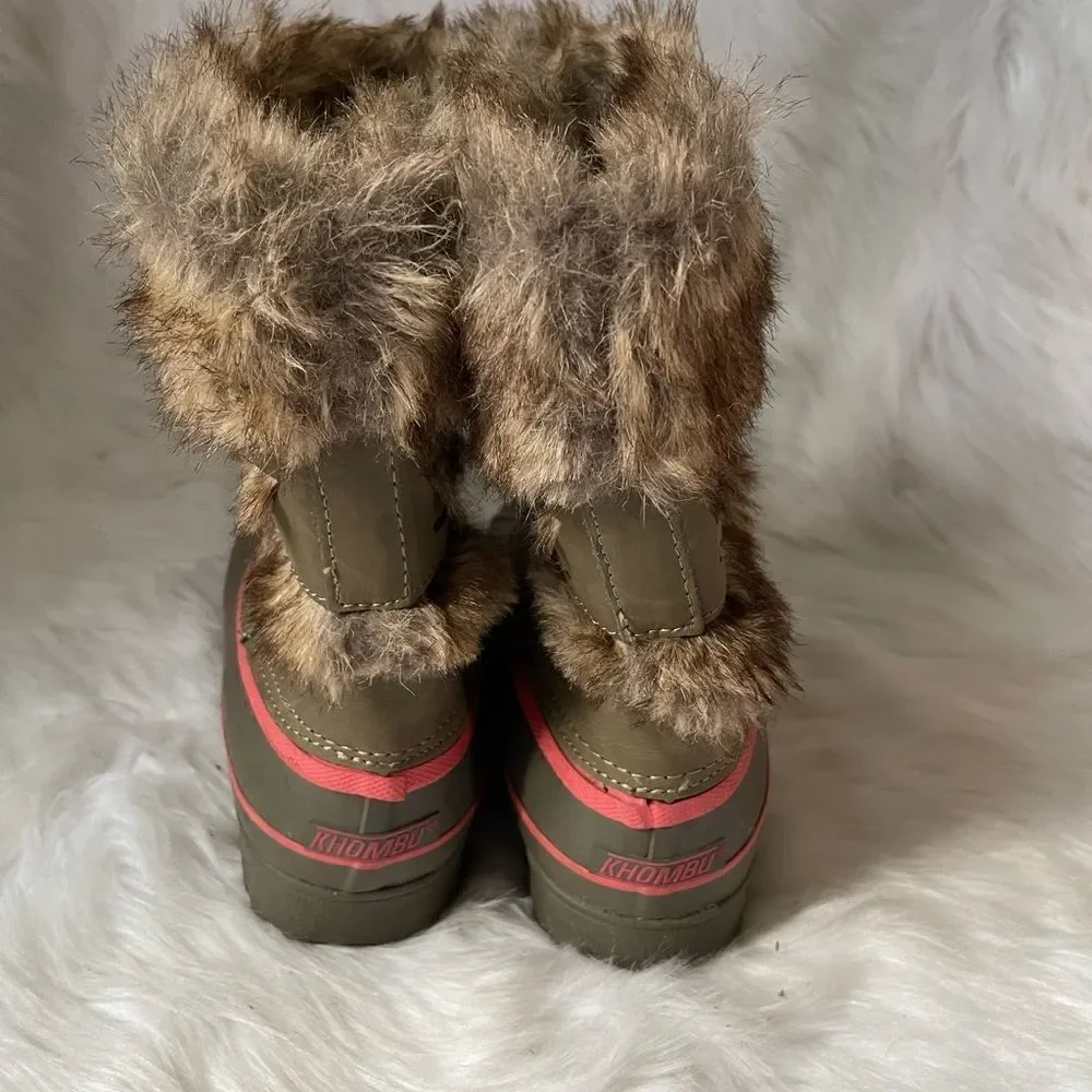 KHOMBU snow boots leather & rubber olive green and orange with faux fur SZ8M